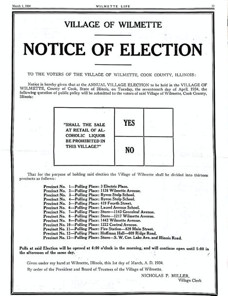 Notice of liquor referendum from Nicholas P. Miller, Village Clerk of Wilmette, published in the Wilmette Life for March 1, 1934.