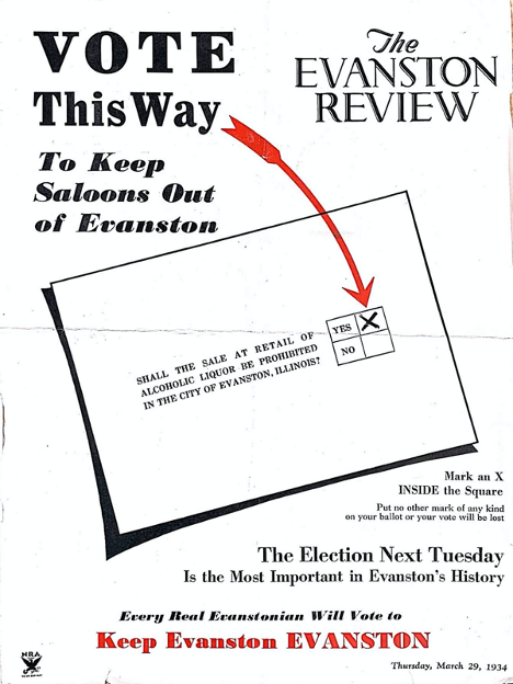 Advertisement published in the Evanston Review for March 29, 1934 imploring an affirmative vote in the upcoming liquor referendum in Evanston.