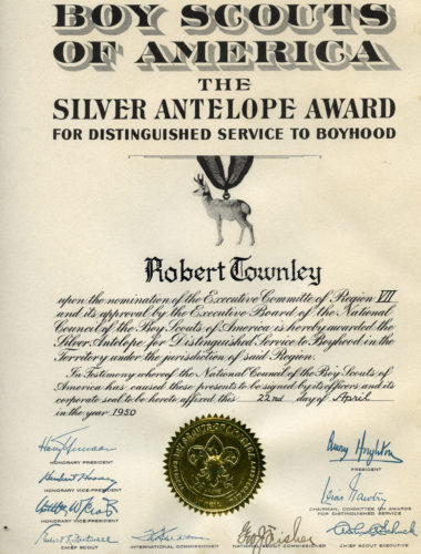 Bob Townley was awarded the Silver Antelope in 1950 which recognized his outstanding service to youth within the Greater Midwest region.