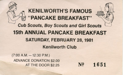 The Pancake Breakfast happens every year around March at the Kenilworth Club. The first Pancake Breakfast started in 1965 as a fundraiser to help the Girl Scouts raise more funds for the construction of the Village House. The Boy Scouts and Girl Scouts joined together, charging $1 per plate, all-you-could-eat. The first year raised $1900 and was such a success at the time that it became an annual tradition. Virtually all the proceeds that come from the Pancake Breakfast go back to the community of Kenilworth, after the Village House was completed, funds went to support refurbishing the Assembly Hall and to the Tree Nursery.